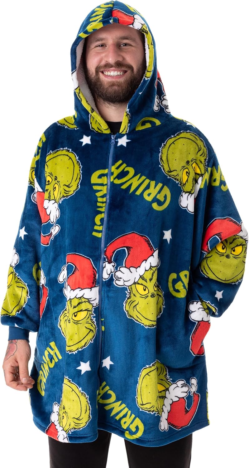The Grinch Adults Wearable Blanket Hoodie | Blue Adults Zip Fleece Hooded Pullover | Grinch Character Print Sherpa Loungewear