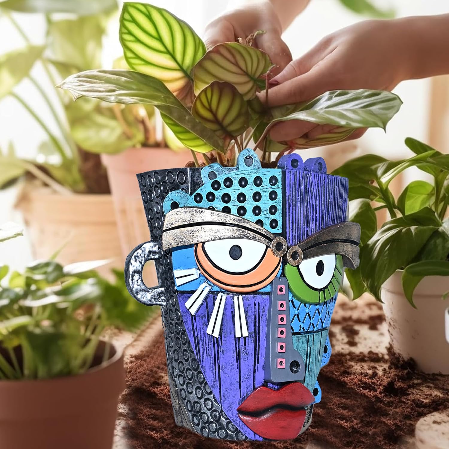 Abstract Face Planter Pots for Plants,Hand-Painted Colorful Flower Pots with Drainage,Indoor Outdoor Garden Decor Gift(Eclectic,Large)