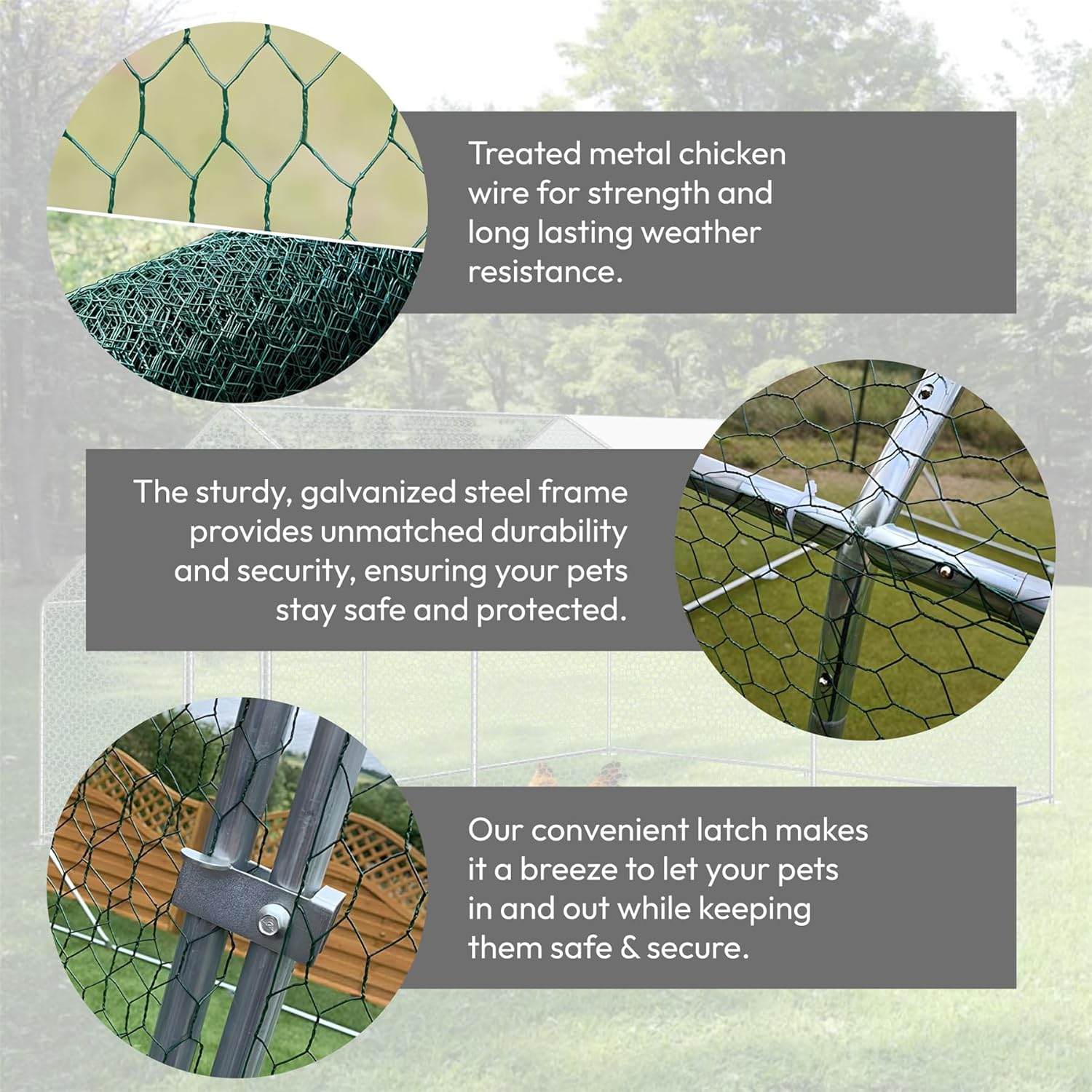 Close-up images showing the treated chicken wire, galvanized steel frame connection, and door latch mechanism.