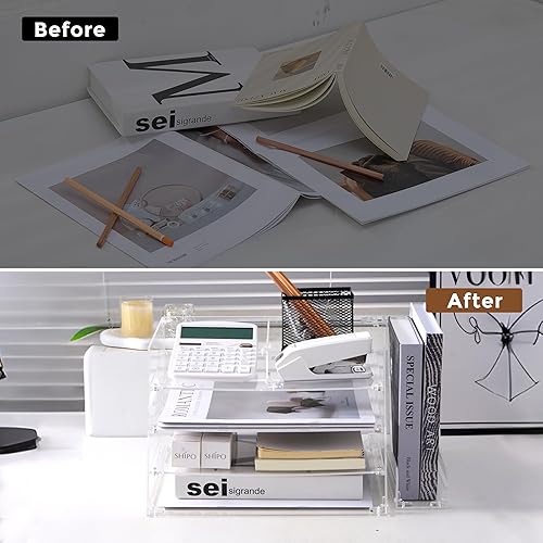 Miniatura 5 de Organizador de escritorio de acrílico, bandeja de 4 niveles con soporte vertical para archivadores, libros, papelería, cartas, revistas, documentos