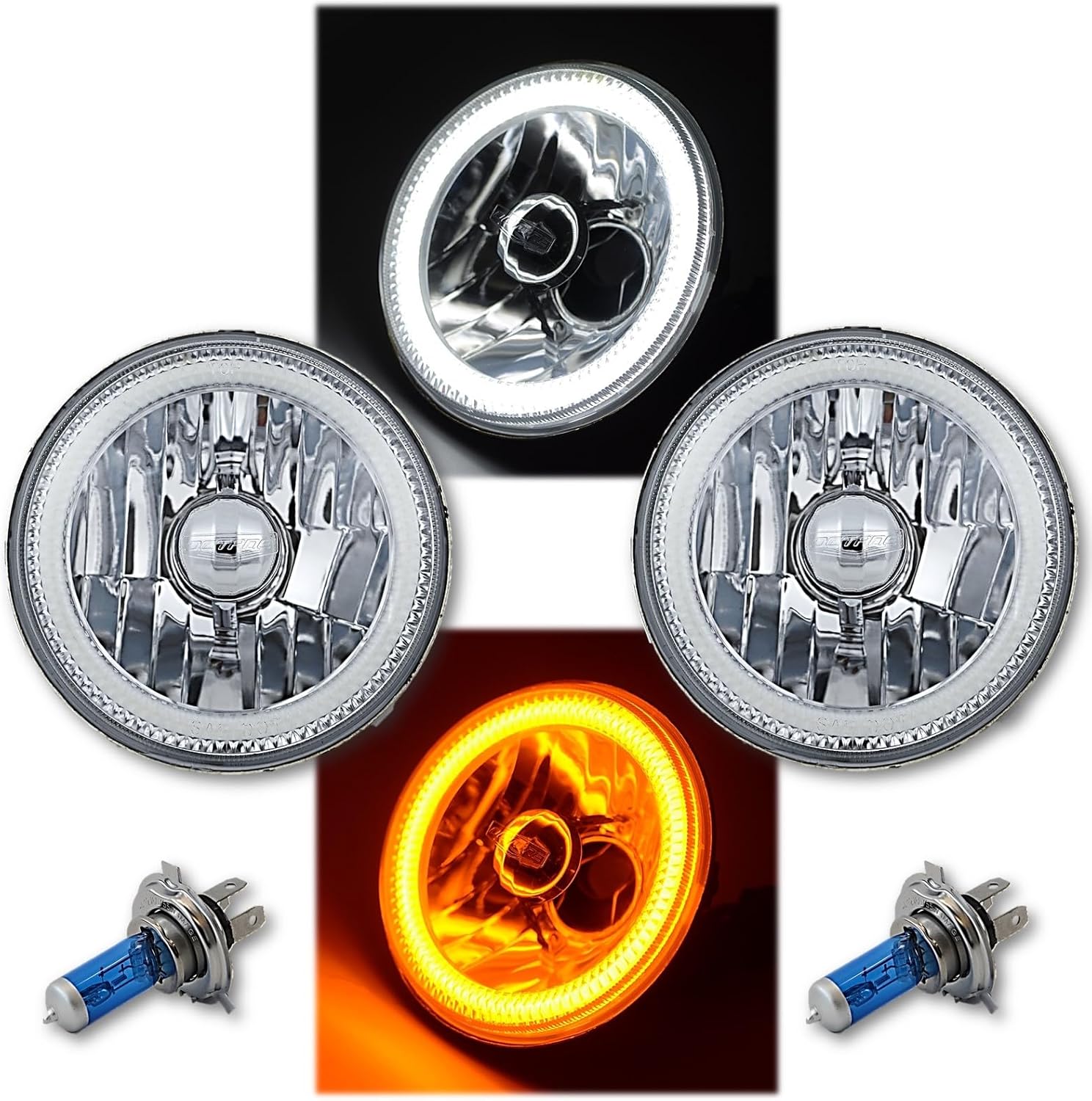 Octane Lighting 5 3/4 Inch Switchback White Amber Halogen Halo DRL Turn Signal Angel Eye Headlight Pair