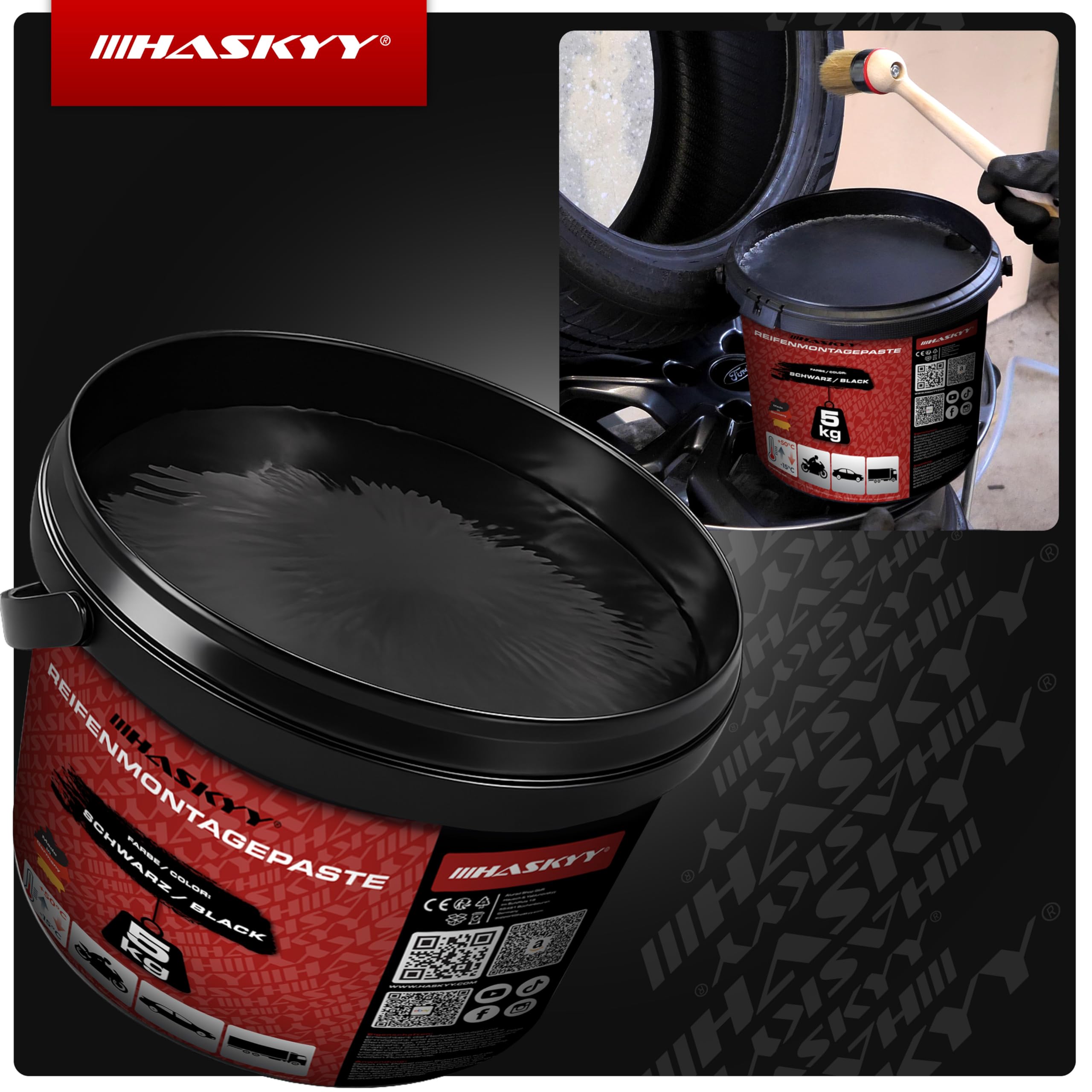 HASKYY Pasta de Montaje para Neumáticos Negra 5 kg – Kit de Montaje de Neumáticos con Extractor de Válvulas, Instalador de Válvulas, Alicate de Equilibrado para Pesos Adhesivos y de Golpe & Tiza Grasa