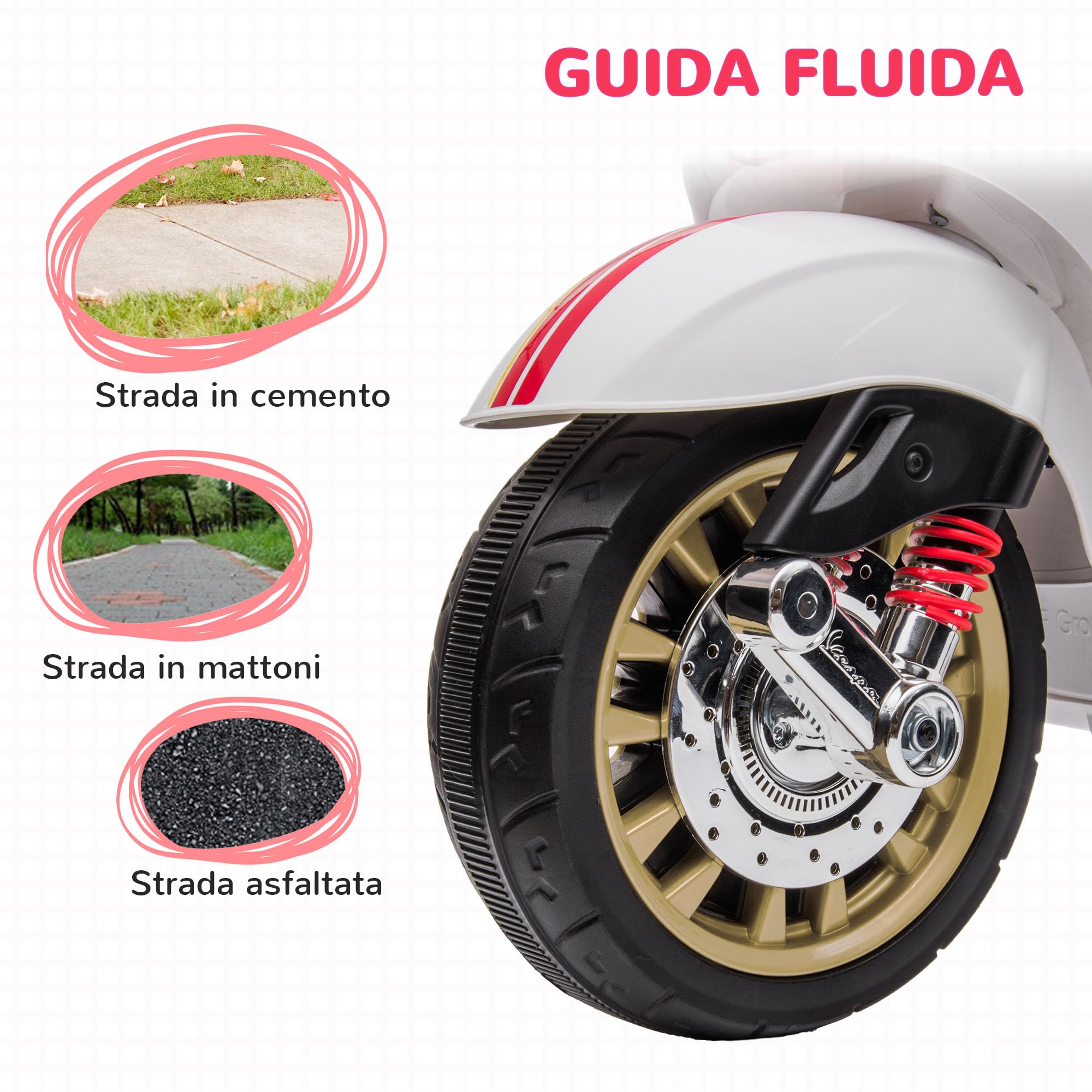 AIYAPLAY 12V Moto Elettrica per Bambini 3-6 Anni a Licenza Vespa con Rotelle, Fanale e Musica, Moto Giocattolo in PP e Metallo, 107x47x73 cm, Bianco