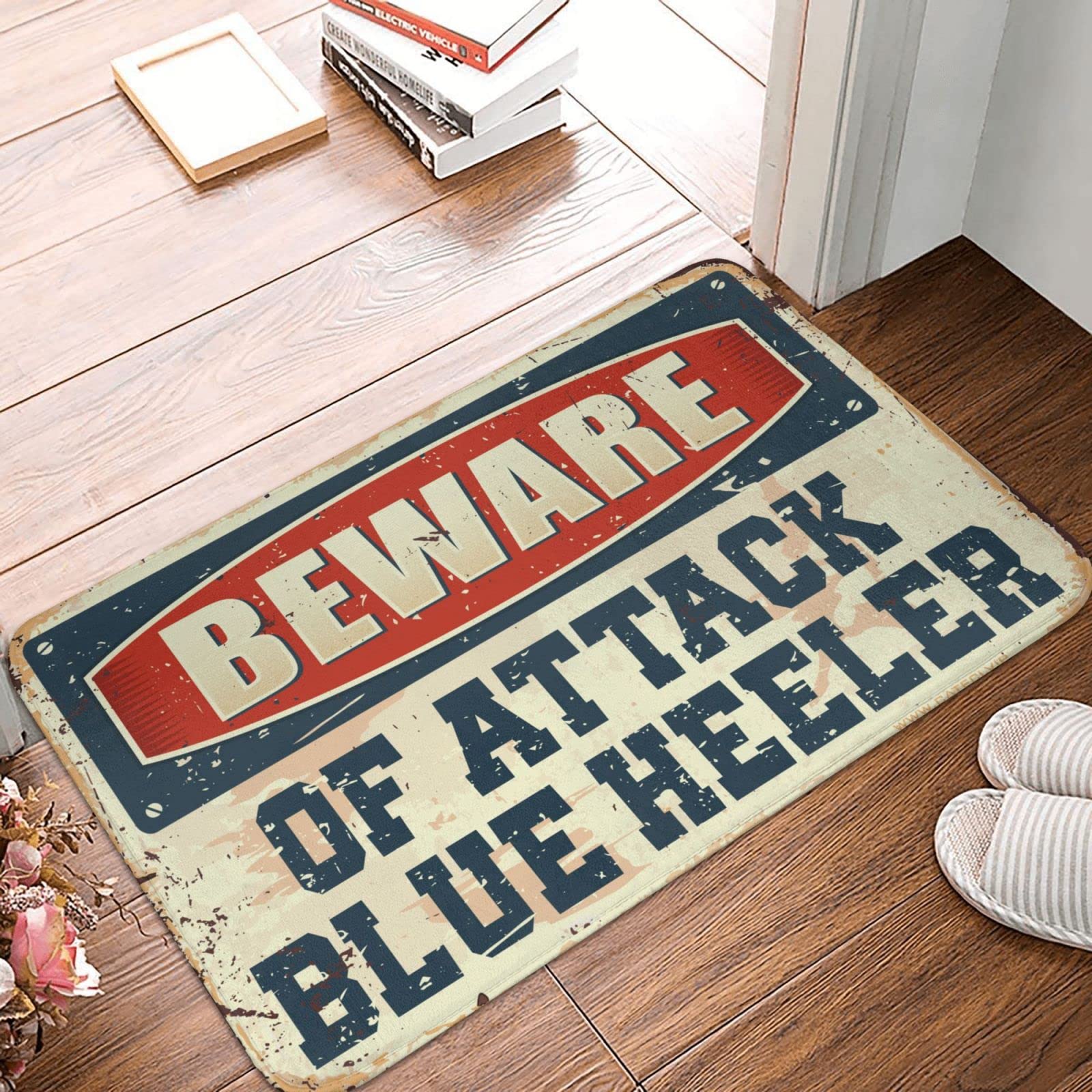 Tapis d'extérieur d'entrée imprimé Blue Heeler et message Beware 50x80cm