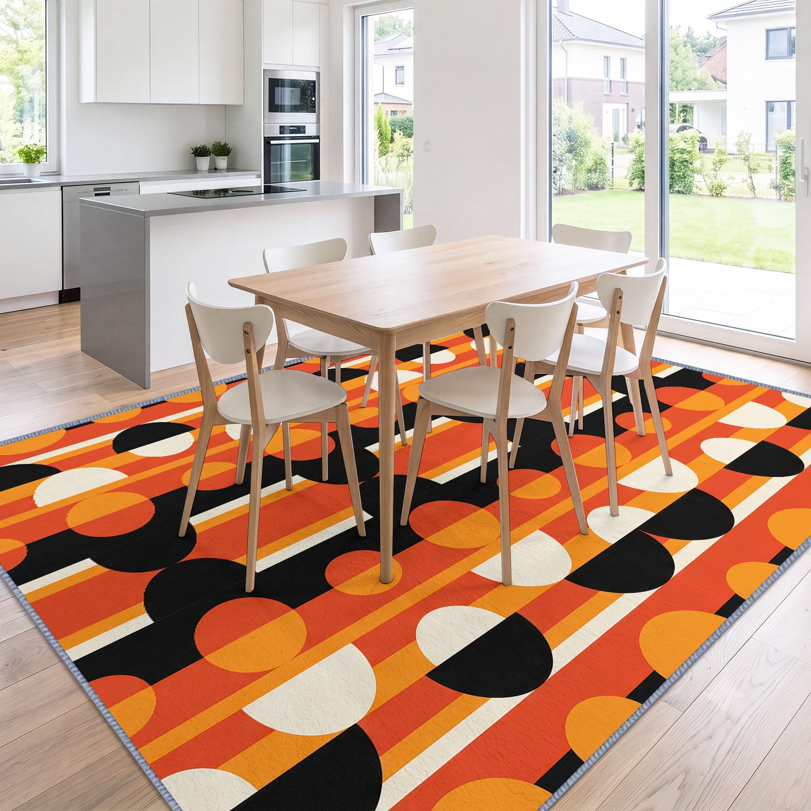 Tapis Salon Lavable en Machine Rayures Géométriques Rétro Semi Circulaires Tapis de Chambre à Poils Courts, Antidérapant Doux Poil Ras Rug, Idéal pour Chambre d'enfant, Couleur Orange, 160 x 230 cm