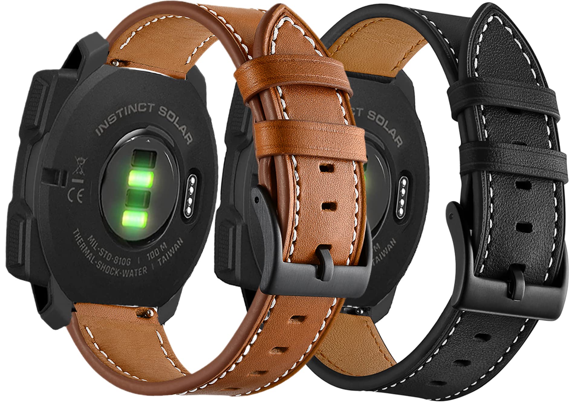 Olytop for Garmin Instinct/2 Solar Watch Bands, Leather Replacement Bracelet Strap Wristband Women Men for Garmin Instinct Tactical/Esports/Solar/Tide, Black+Brown