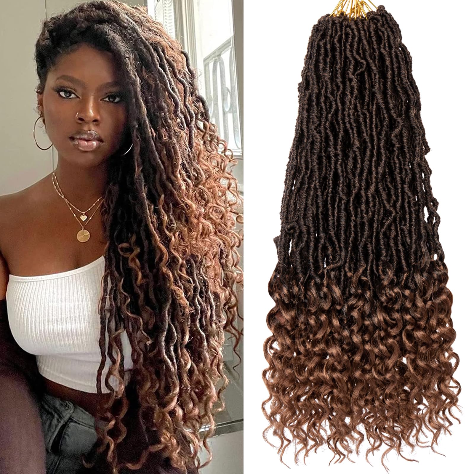 18 Inch New Faux Locs Crochet Hair With Curly Ends 7 Packs Goddess Locs Wavy Soft Locs Pre-looped Ombre Brown Bohemian Nu Locs Synthetic Crochet