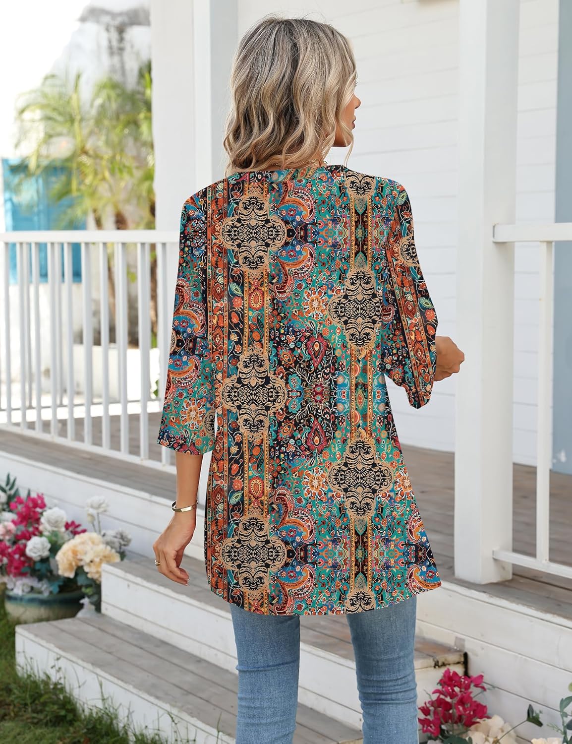 AKEWEI Womens Blouses Casual 3/4 Sleeve Tops for Women V Neck Tunics to Wear with Leggings Swing Flare - Image 3