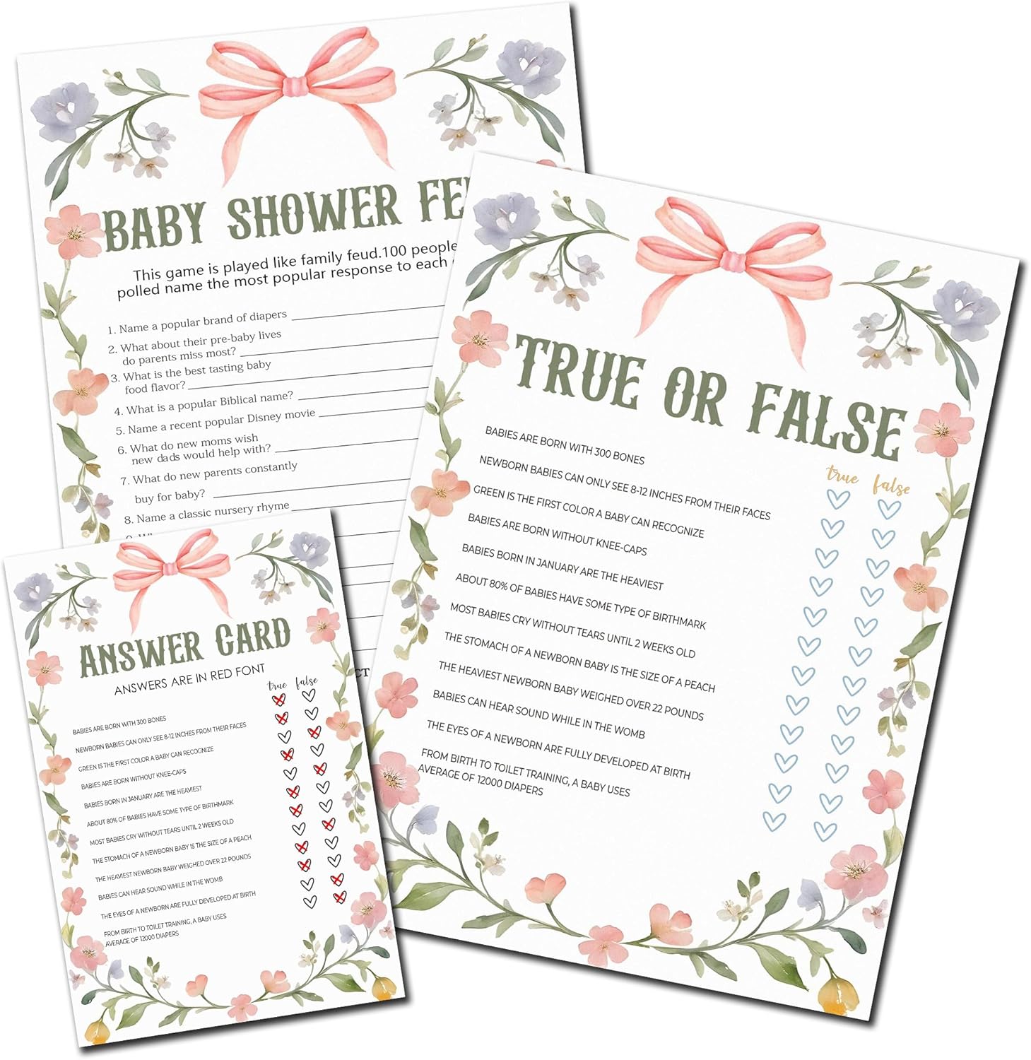 Baby Shower Game Cards-True Or False & Baby Shower Feud Activities for Boys & Girls-50 Pink Bow Flowers Cards(5’’ x7’’) & 1 Answer Card(4’’x6’’)-Gender Neutral Party Decor & Supplies-A03