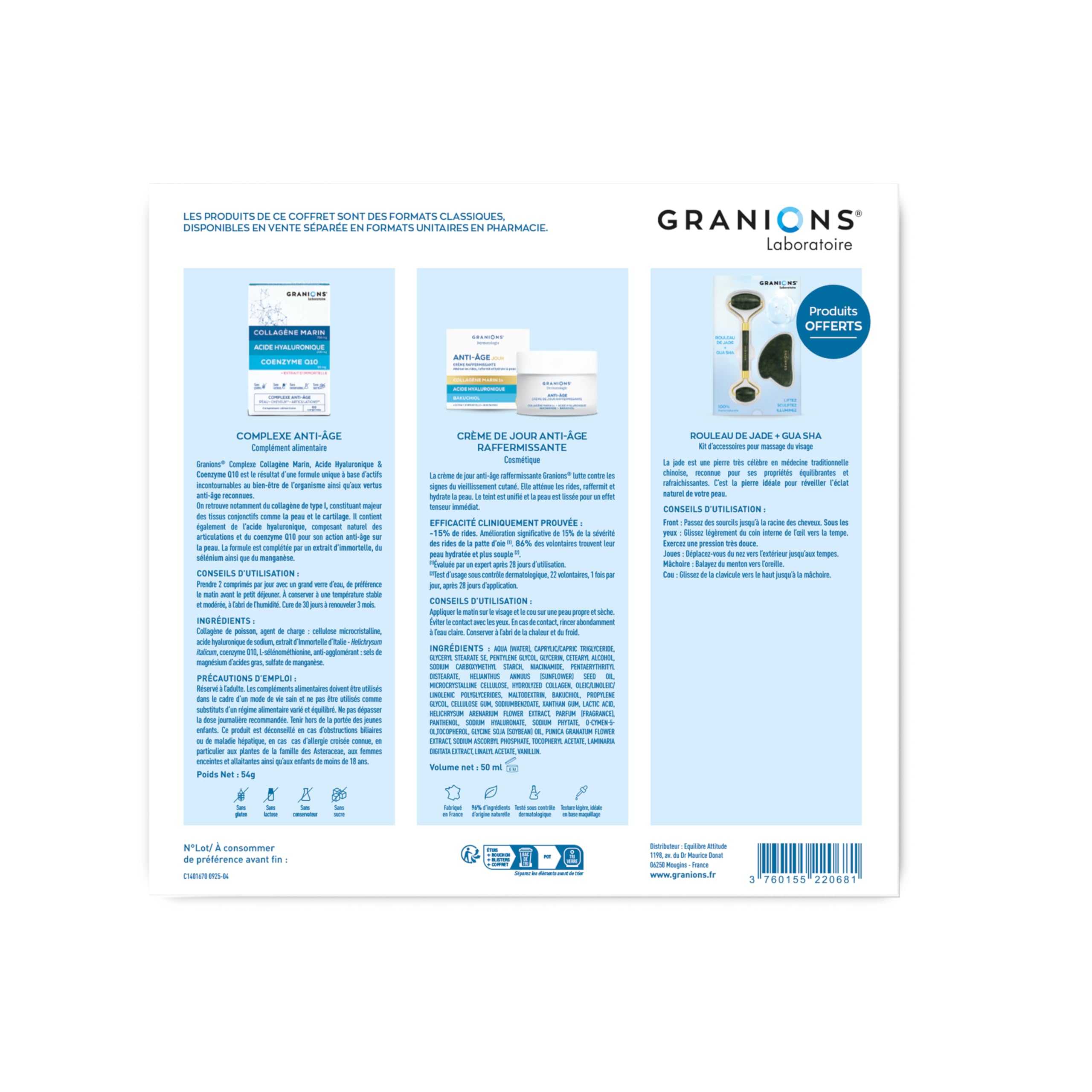 GRANIONS Coffret IN & OUT – Collagene Marin & Acide Hyaluronique – Complement alimentaire anti-age + Creme Jour Raffermissante + Rouleau de Jade & Gua Sha – Anti-Rides Visage – Routine complète IN&OUT