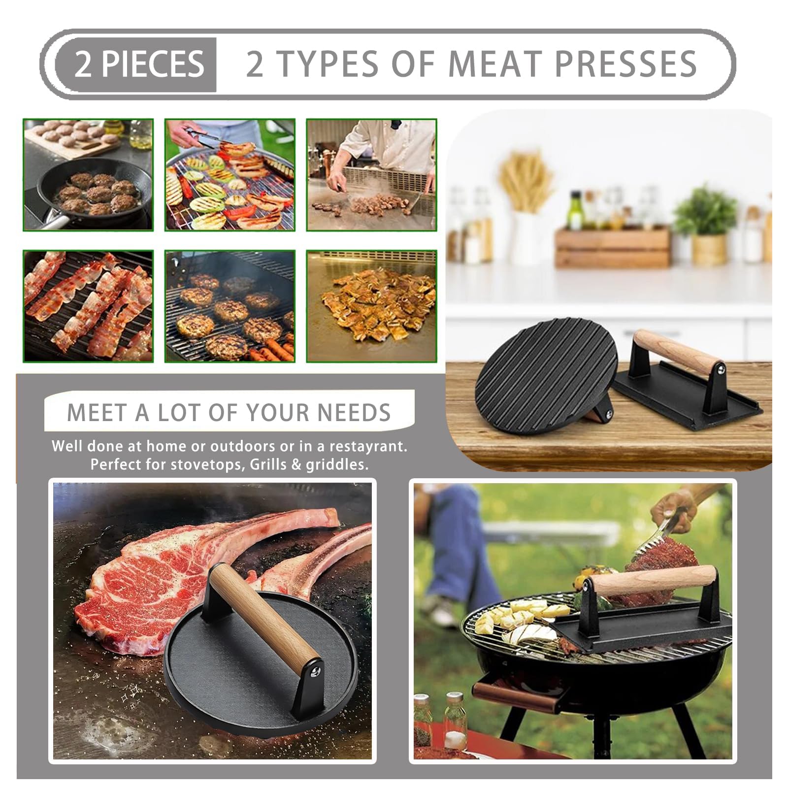 Smash Burgerpresse für Fleisch, Speck, robuste Gusseisen-Grills, Zerkleinerungs-Burgerform, Fleischkuchenmaschine mit Holzgriff für gegrilltes Steak, Speck, Sandwich, Gemüse