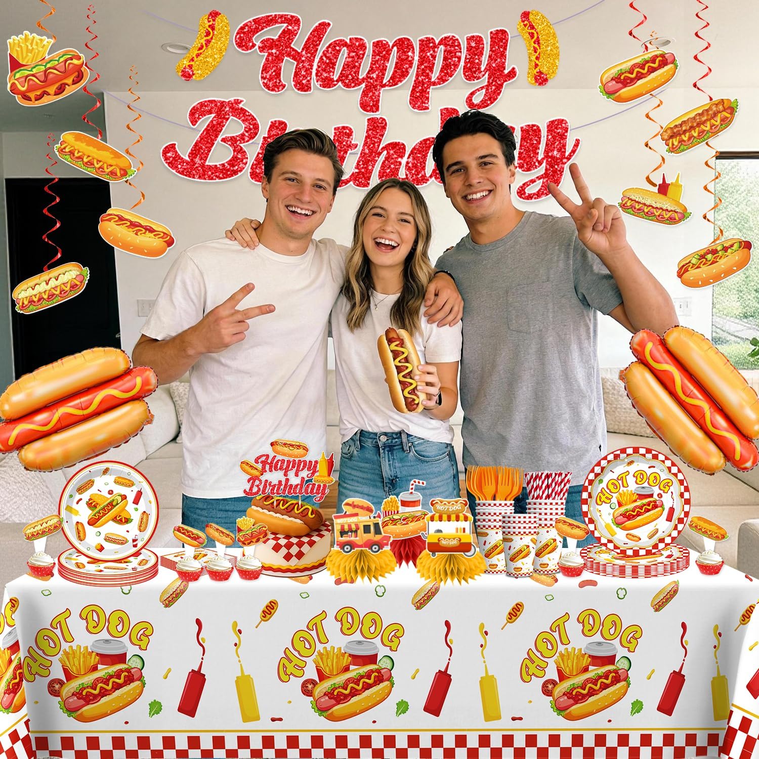 191pcs Hot Dog Party Decorations for 25 Guests, All-in-one Hot Dog Decorations include 350gsm Hot Dog Plates, Hot Dog Balloons, Cake Topper, Tablecloth, Centerpiece, Banner, Hanging Swirls