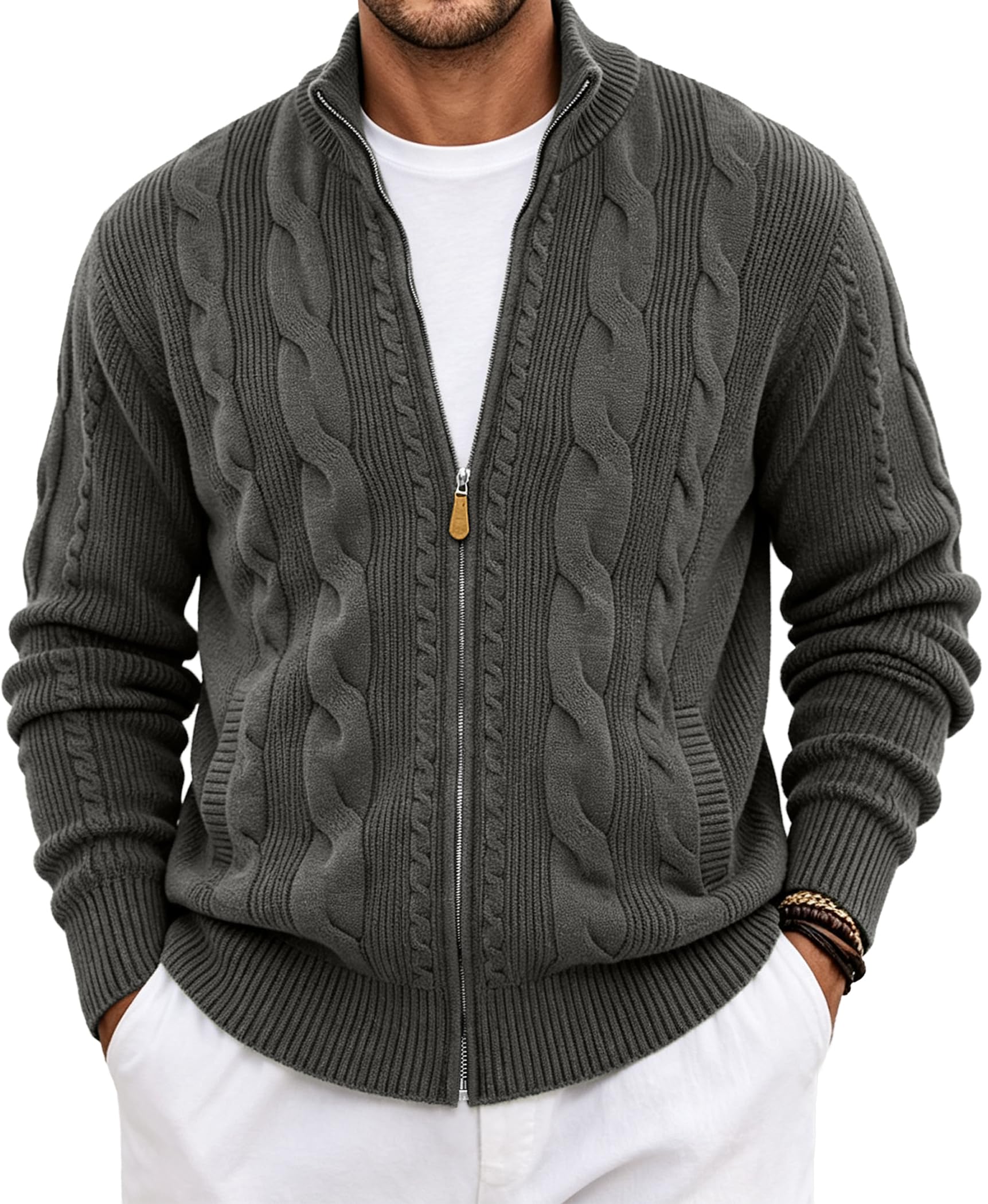 JMIERR Strickjacke Herren Reißverschluss Grobstrick Cardigan | Herren Stehkragen Strickcardigan,Zopfmuster Zip Pullover,hautfreundlich,Business Casual,Herbst Winter,Maschinenwaschbar