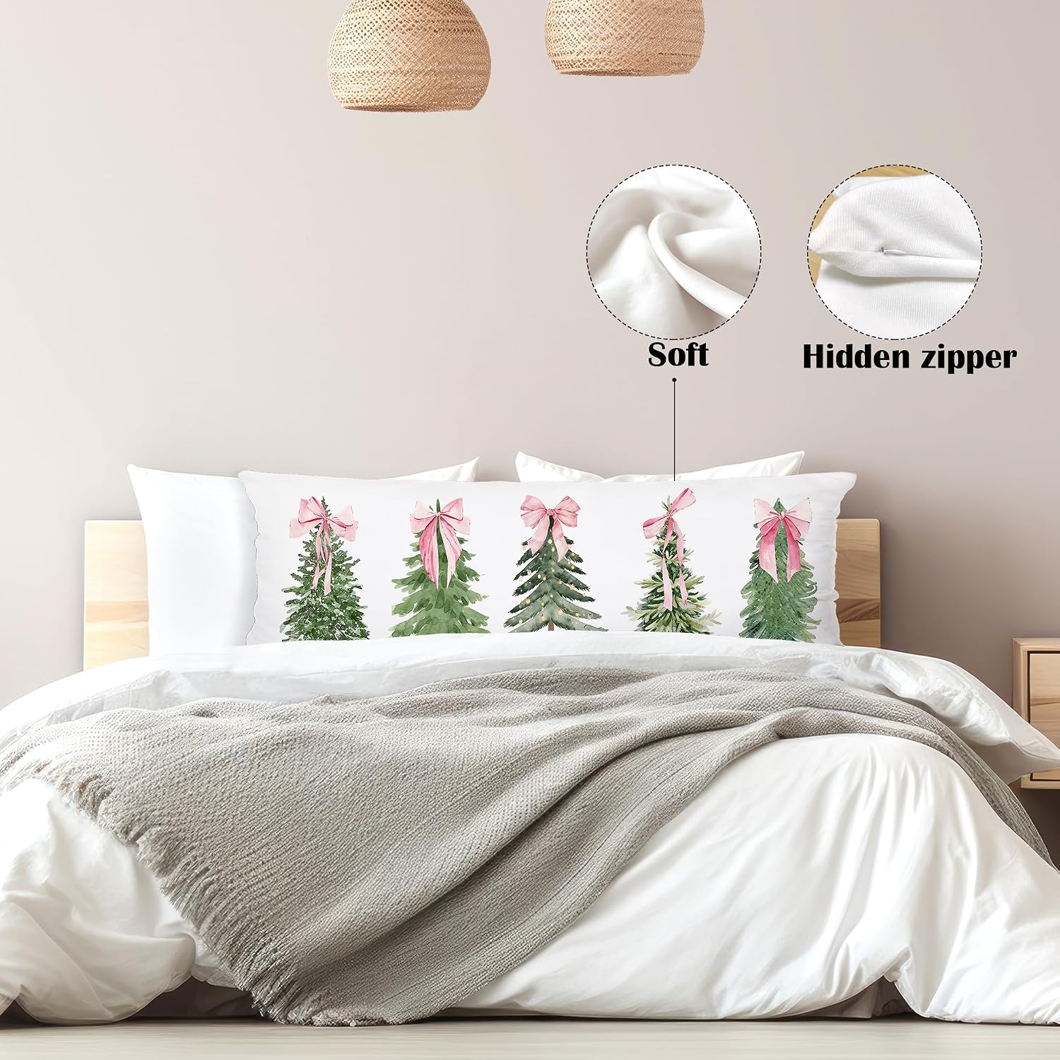Coquette Pink Bow Christmas Tree 20x54 Body Pillow Cover, Preppy Girly Christmas Decor, Green Watercolor Xmas Pine Tree Decorative Long Pillow Cases for Bed Couch