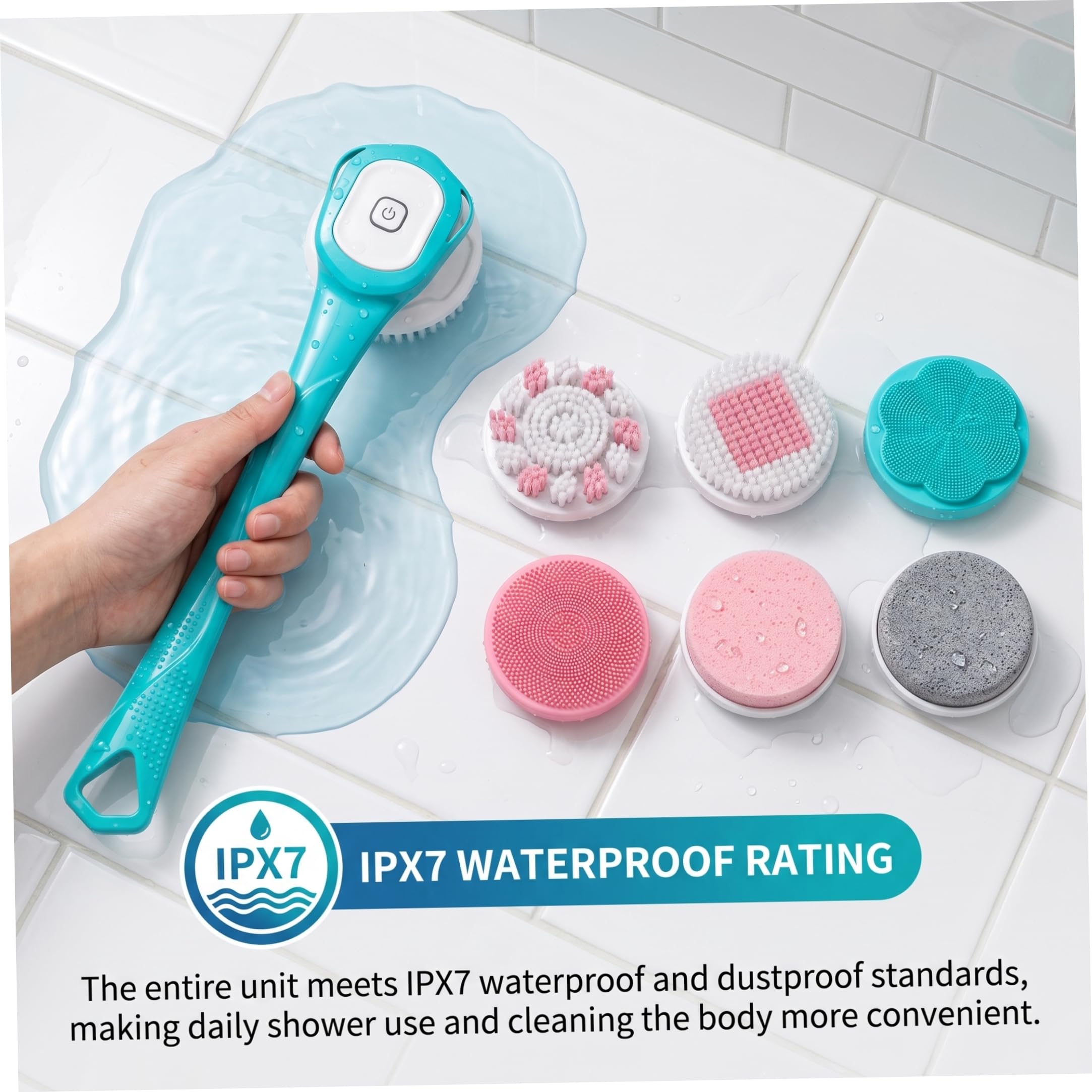 Körperpeeling-Bürste, elektrische Rückenbürste mit langem Griff, Peeling-Massage-Bad, Dusche, Massage-Schrubber mit 6 Reinigungsköpfen für Spa, Dusche, Blau