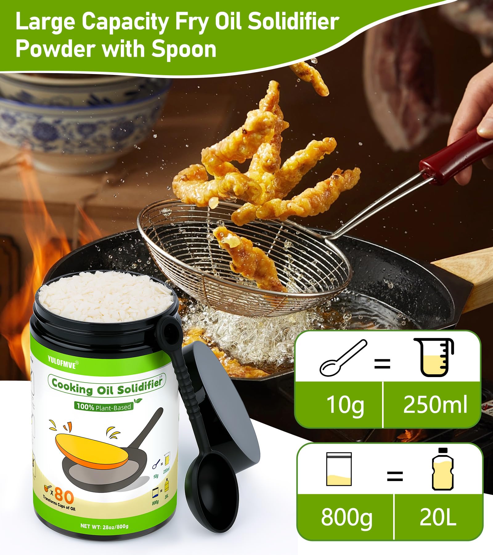 Cooking Oil Solidifier Powder, Solidifies Up to 80 Cups from Mess, 100% Plant-Based Used Oil Solidifying Powder, Grease Hardener Disposal for Kitchen