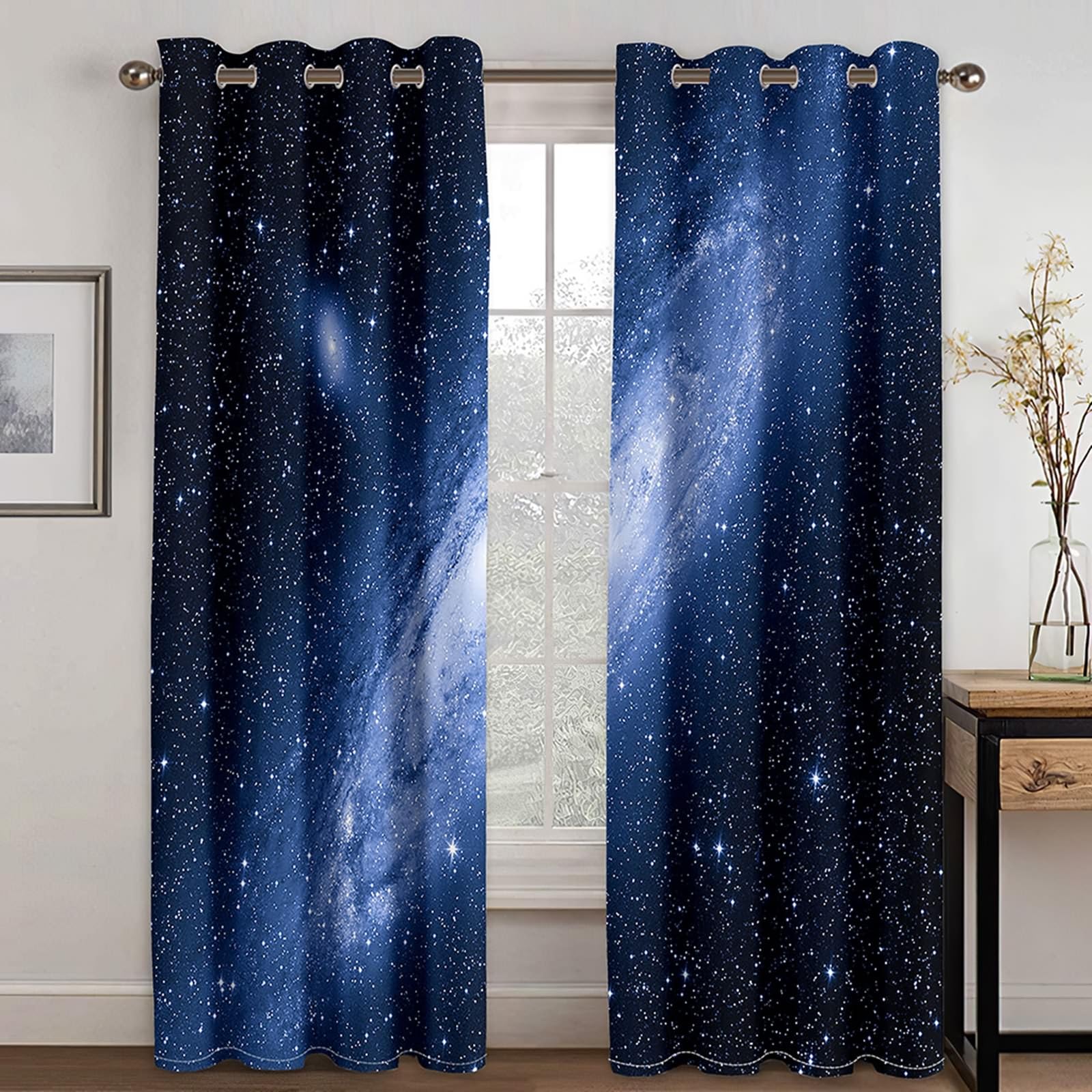 Verdunklungsvorhänge mit Ösen, Gardinen Blickdicht Dunkelblau Sternenhimmel 2er Set H 183 x B 137 cm Abdunkelnde Vorhänge für Wohnzimmer