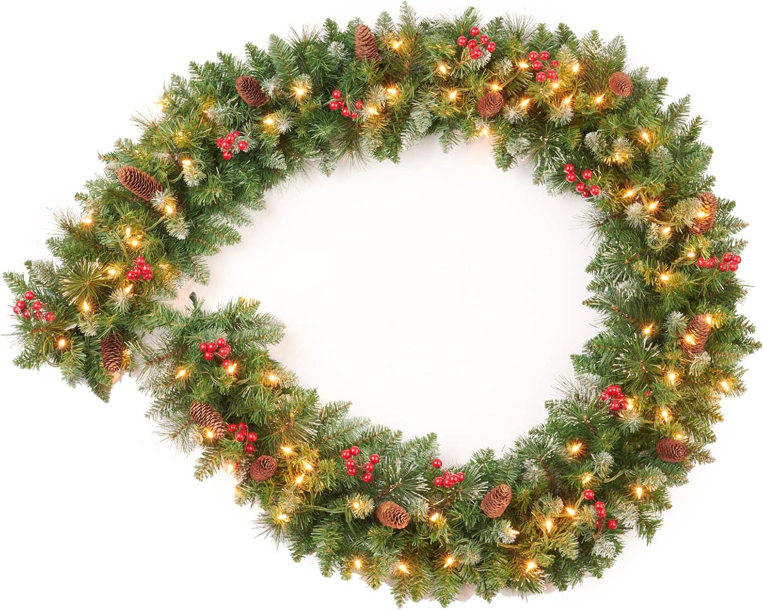 9 Feet Pre-Lit Christmas Garland, Mixed Pine Decorated with Frosted Berries, Pinecones, 70 Lights Plug in, for Mantle Staircase Indoor and Outdoor Green White Plug In Polyvinyl Chloride (PVC)