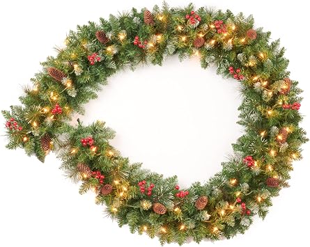 9 Feet Pre-Lit Christmas Garland, Mixed Pine Decorated with Frosted Berries, Pinecones, 70 Lights Plug in, for Mantle Staircase Indoor and Outdoor