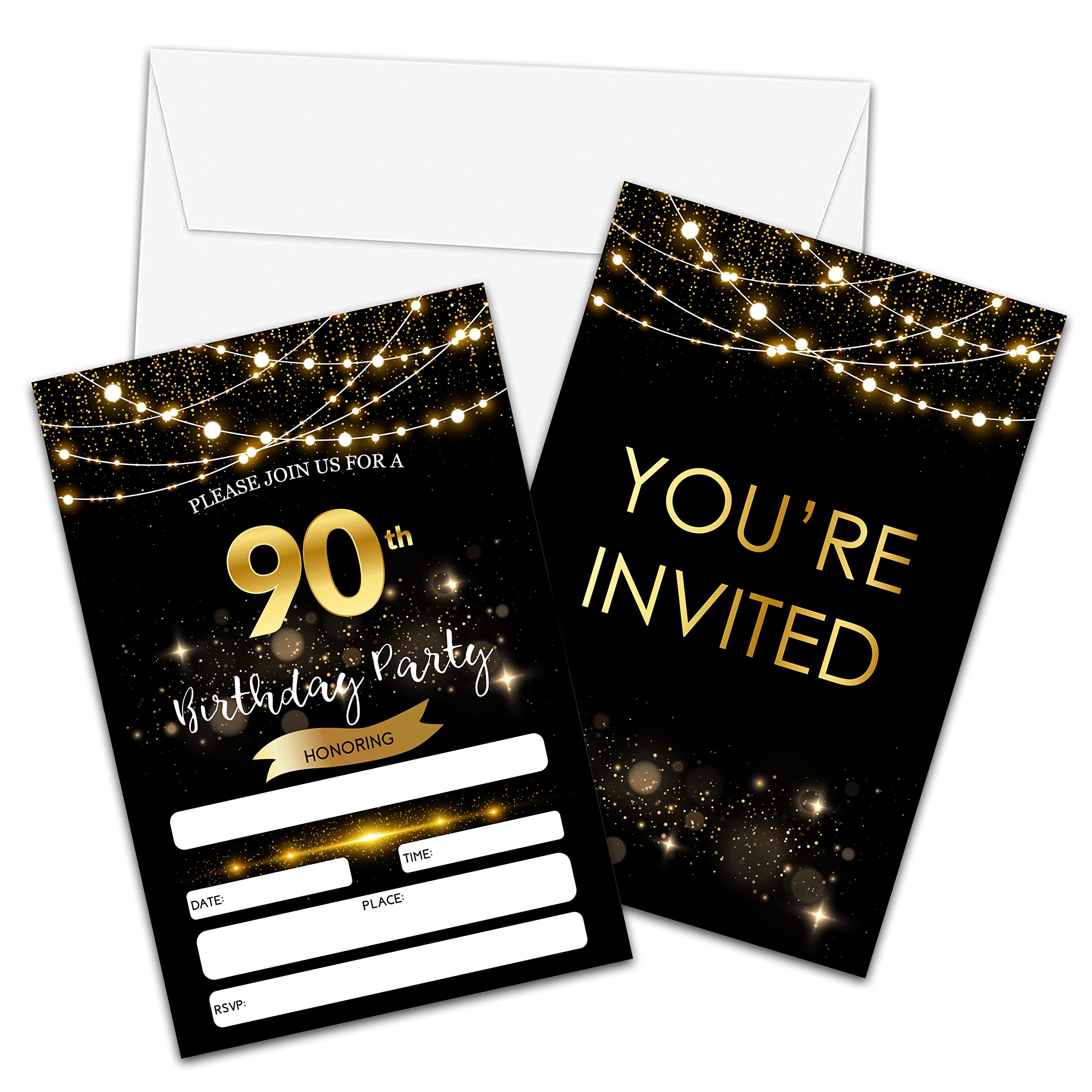 90th Birthday Invitations with Envelopes - Black Gold Glitter Fill-in Invites Cards - Surprise Birthday Party Invitation Card for Him/Her - Adults