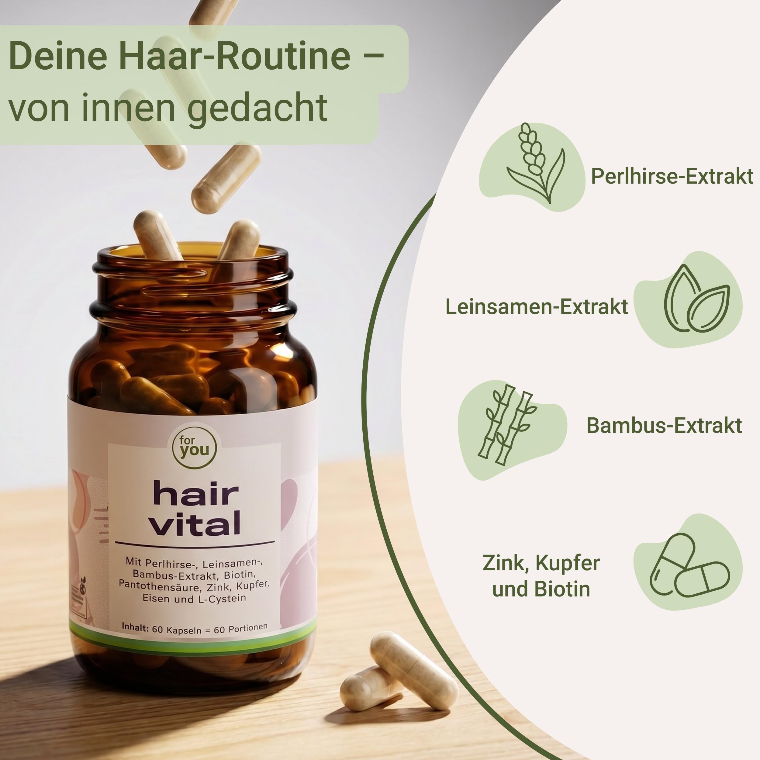 for you Hair Vital Doppelpack – 2x 60 Kapseln mit Biotin, Zink, Kupfer, Eisen & L-Cystein sowie Perlhirse-, Leinsamen- & Bambus-Extrakt – für Haut, Haare & Nägel