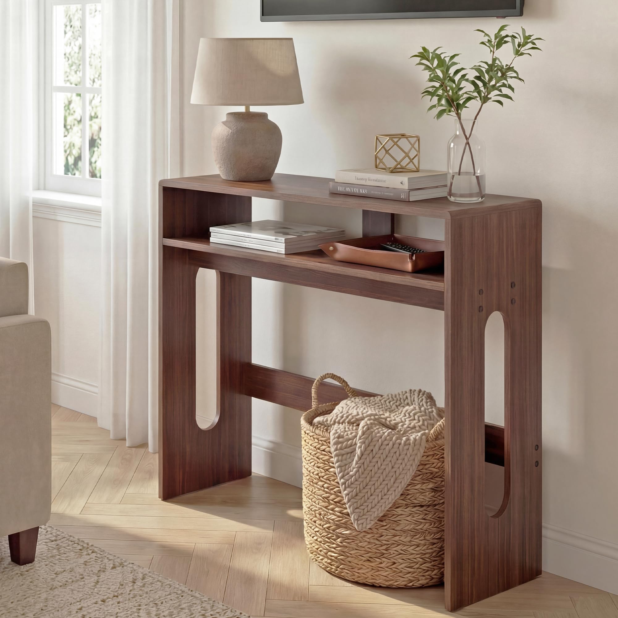 Manora Table Console avec Rangement, Console d'Entrée Étroite Effet Noyer, Meuble Couloir Moderne avec Étagère, Table d'Appoint pour Salon, Bureau et Chambre, 80 x 30 x 76 cm