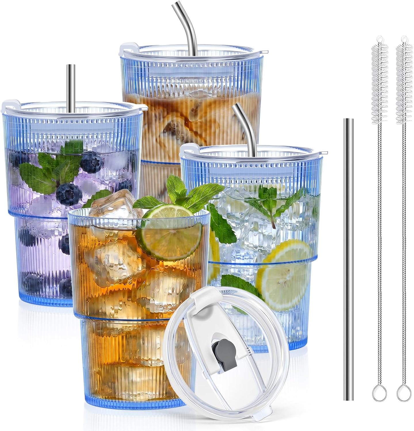 4 Pcs 15oz Plastic Tumblers with Lids and Straw Ribbed Iced Coffee Cups Blue Reusable Plastic Cups Leak-Proof Travel Iced Coffee Tumblers for Home Office Travel with Clean Brush