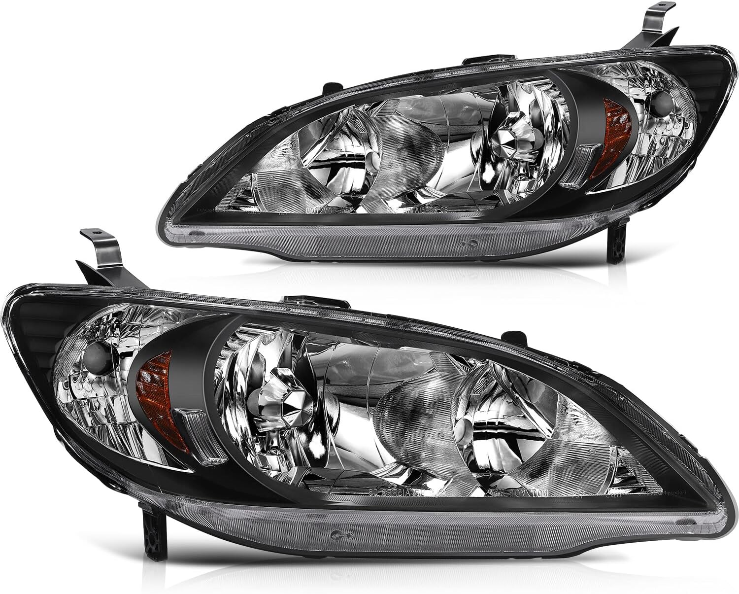 LSAILON Headlight Assembly Replacement Fit For Honda Civic 2004-2005 Black Housing Amber Reflector Clear Len Driver and Passenger Side 33101S5AA51 33151S5AA51