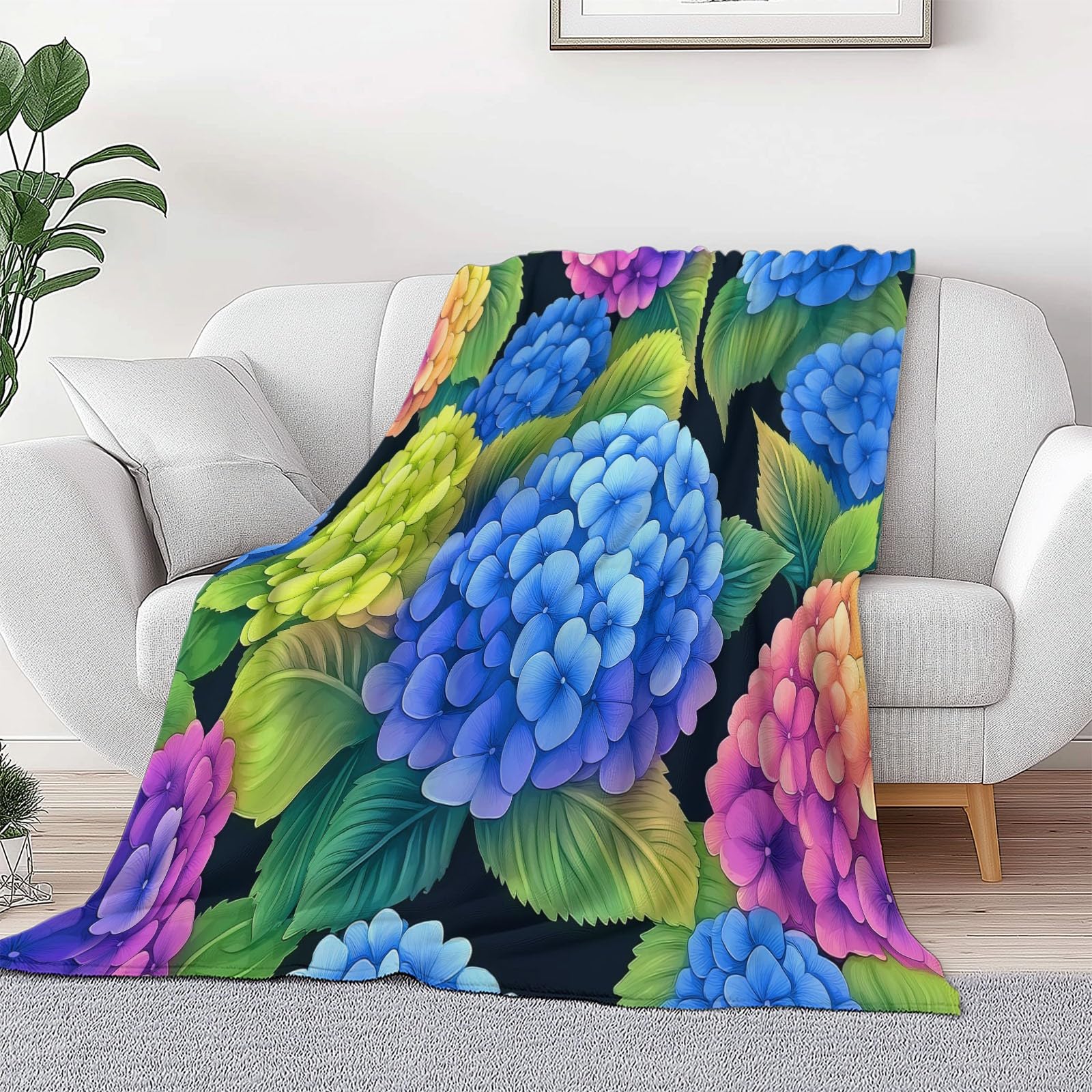 Koc Sherpa 180 x 200 cm Hortensja Rośliny w kratę Ciepły i wygodny koc Puszysty miękki kolor, dwustronny, przyjazny alergikom, na krzesło sofa łóżko biurowe