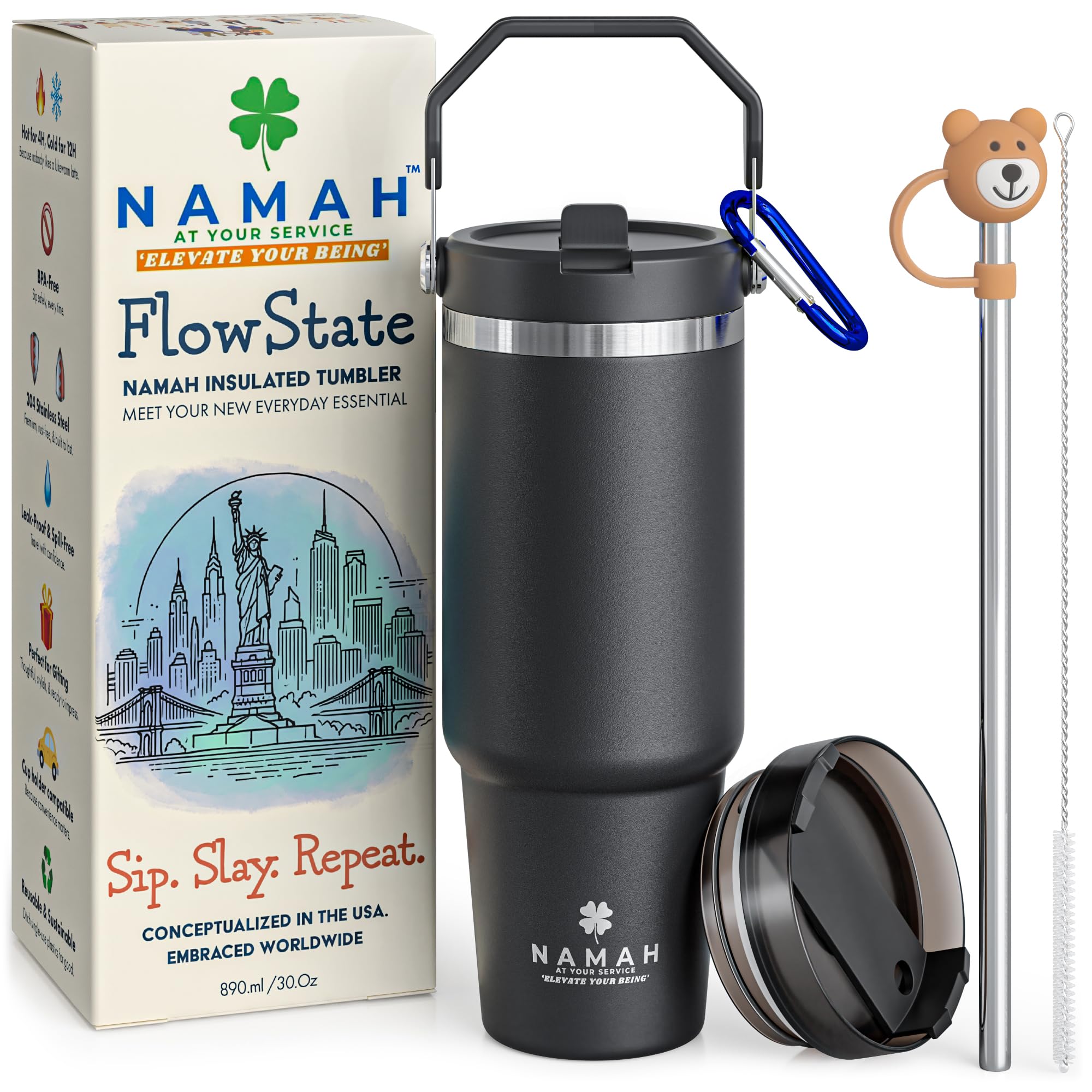 Namah® 30oz Insulated Tumbler with Straw & Lid, Stainless Steel Travel Cup, Leakproof Reusable Coffee Tumbler, Double Wall Vacuum, Keeps Drinks Hot & Cold, Fits Cup Holder