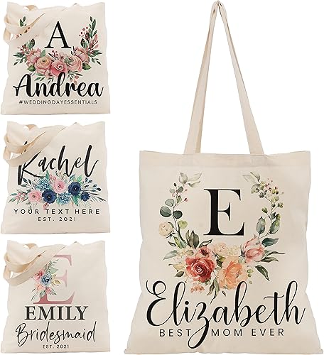 Bolsas de mano florales personalizadas de regalo para mujeres con nombre y fecha de texto, bolsa personalizada para playa, boda, viajes, trabajo,
