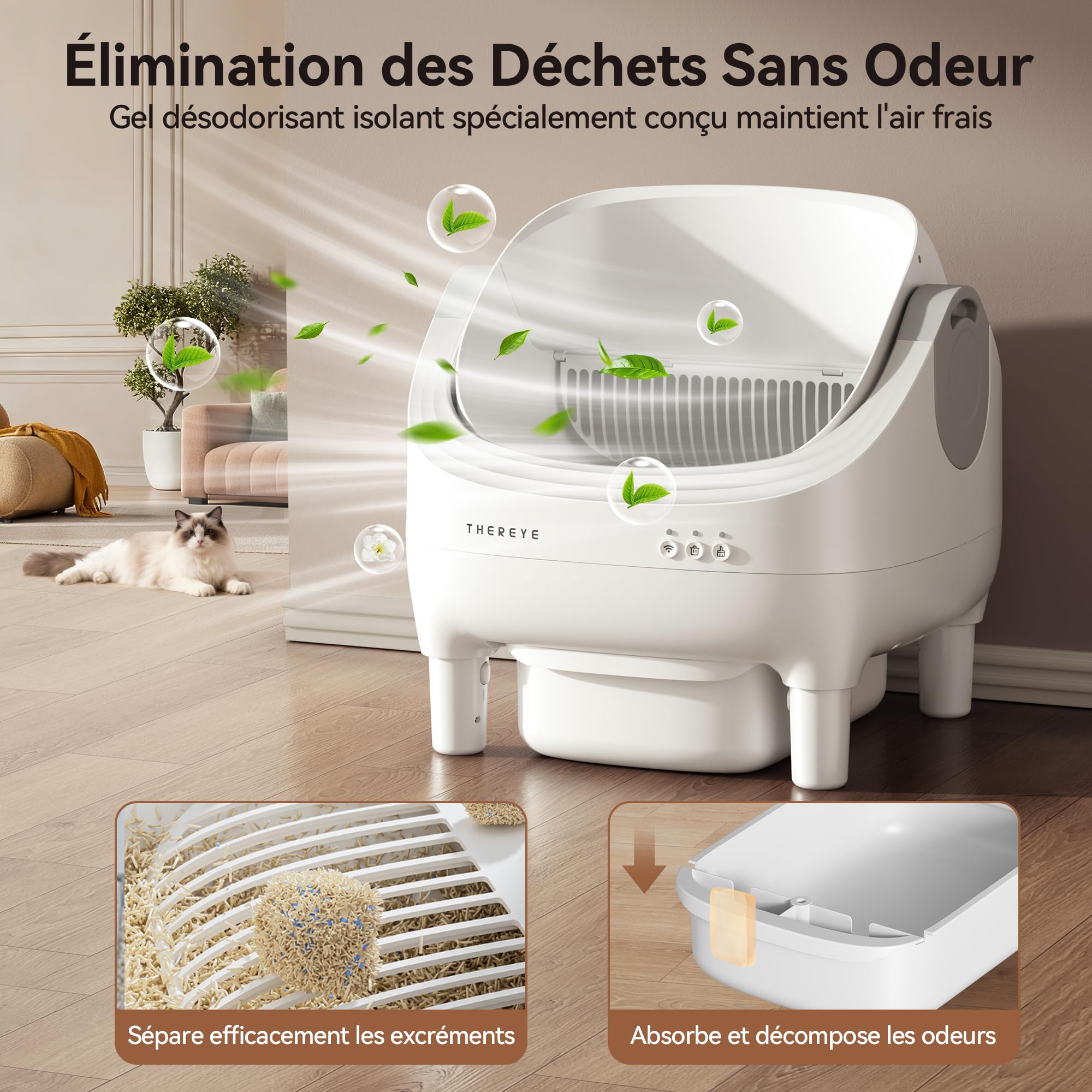 Thereye Litiere Chat autonettoyante avec Application et capteur de sécurité, Ouverture silencieuse, élimination des odeurs, pour Chats de 1,5 à 12,5 kg, Triple Protection Anti-pinceme