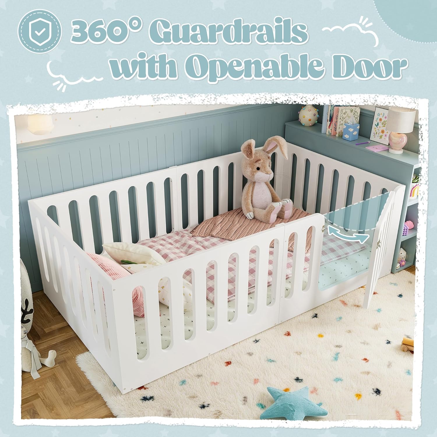 Twin Floor Bed with Full-upgraded Guardrails, Solid Wood Kids Floor Bed with Safety Door, Low-profile Montessori Floor Bed Frame for Kids, Boys, Girls, No Box Spring Needed & Childlike Design, White