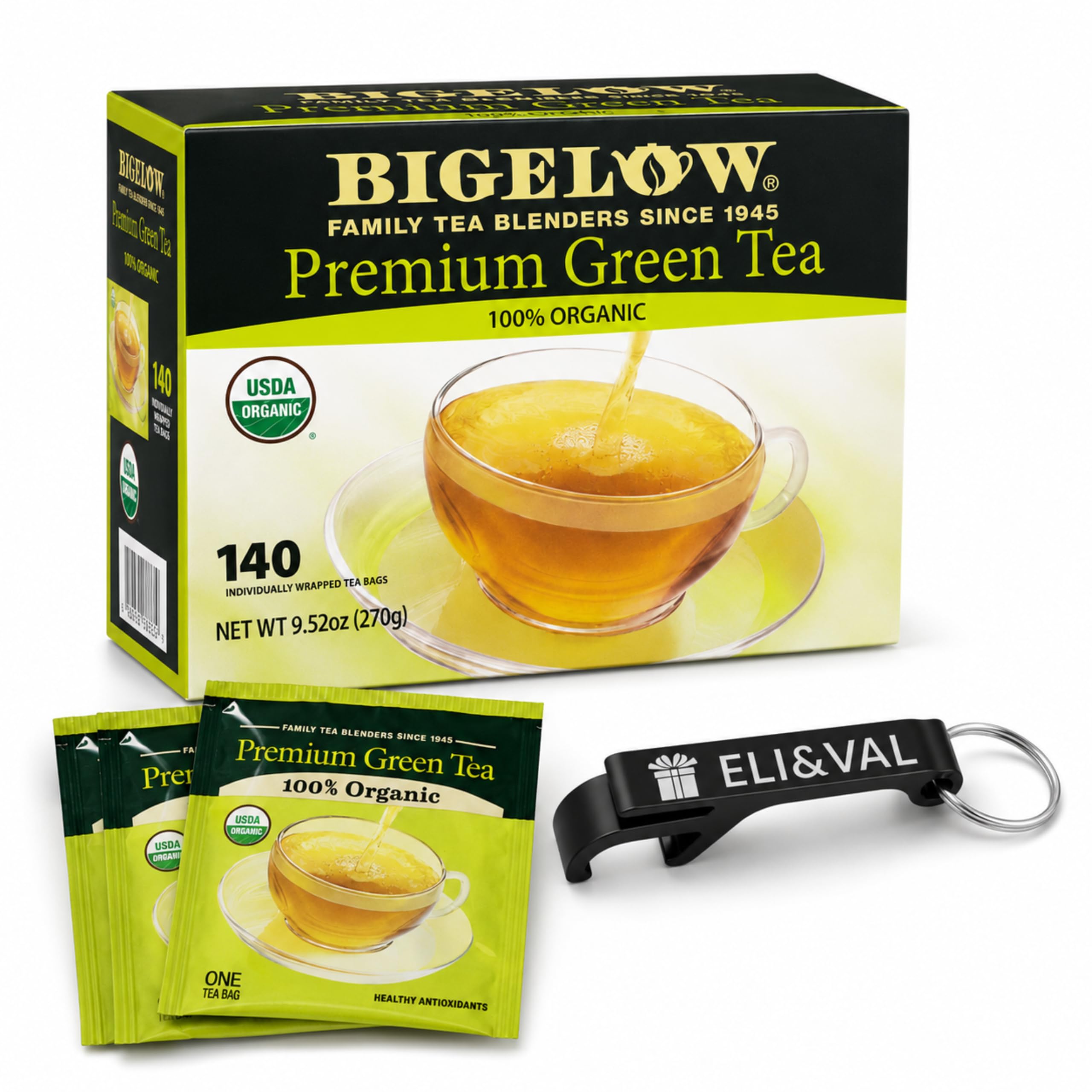 Eli&Val Tea Gift Bundle: Bigelow Organic Green Tea 140 Bags & Accessory green tea 140 ct