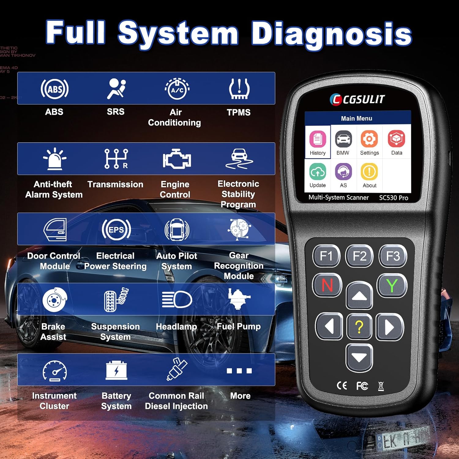 OBD2 Diagnostic Tool for BMW, SC530 Pro Full System Scanner with Active Test 20+ Special Functions, Include Battery Registration, ABS Bleeding, SRS EPB Oil Light Injector Reset Service