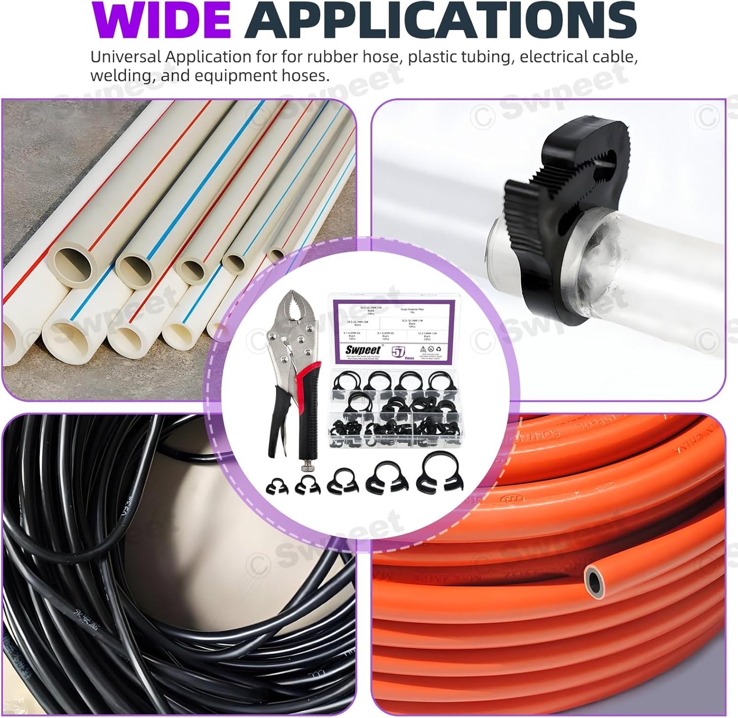 Swpeet 57Pcs 5 Size Heavy Duty Double Snap Grip Nylon Hose Clamps and 7" Curved Jaw Locking Pliers Assortment Kit, Adjustable Ratcheting Hose Clamp, Vice Grips Pliers, Snap Fastener