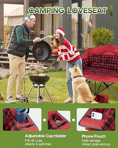 Miniatura 6 de Silla de campamento doble, sofá biplaza acolchado para adultos, asiento de dos personas de gran tamaño con bolsa de transporte 2 en 1, sofá plegable