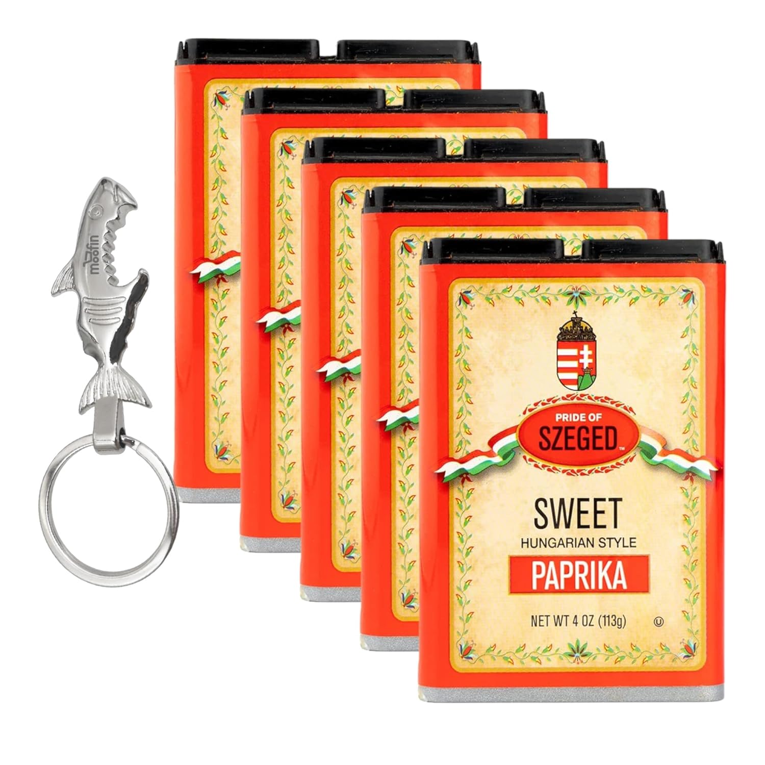 moofin Hungarian Paprika Powder, 4oz Sweet Paprika Seasoning, Bundled with Silver Bottle Opener Keychain, Szeged Spice for Cooking, All-Natural, No Additives, Resealable Tin [Pack of 5]