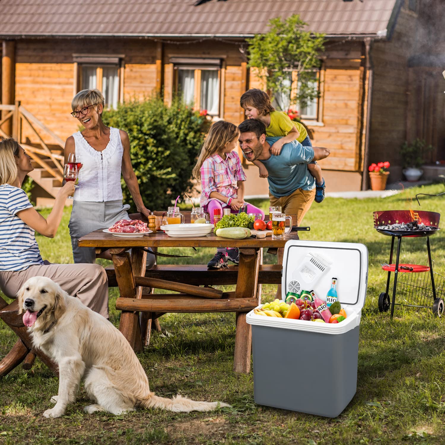Herrselsam Elektryczna lodówka samochodowa, tryb ECO 12 V i 230 V, z funkcją chłodzenia i utrzymania ciepła, elektryczna lodówka samochodowa i gniazdko elektryczne z przewodem, do samochodu i na
