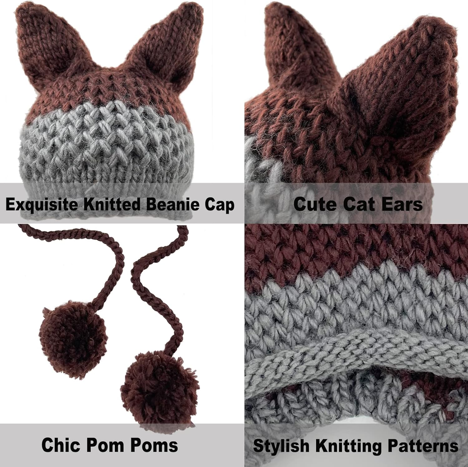 Cat Ear Beanie with Ear Flap Pompom Cute Fox Ears Hat Y2k Gothic Handmade Crochet Beanie for Women Teen Girls Snow Winter - Image 4