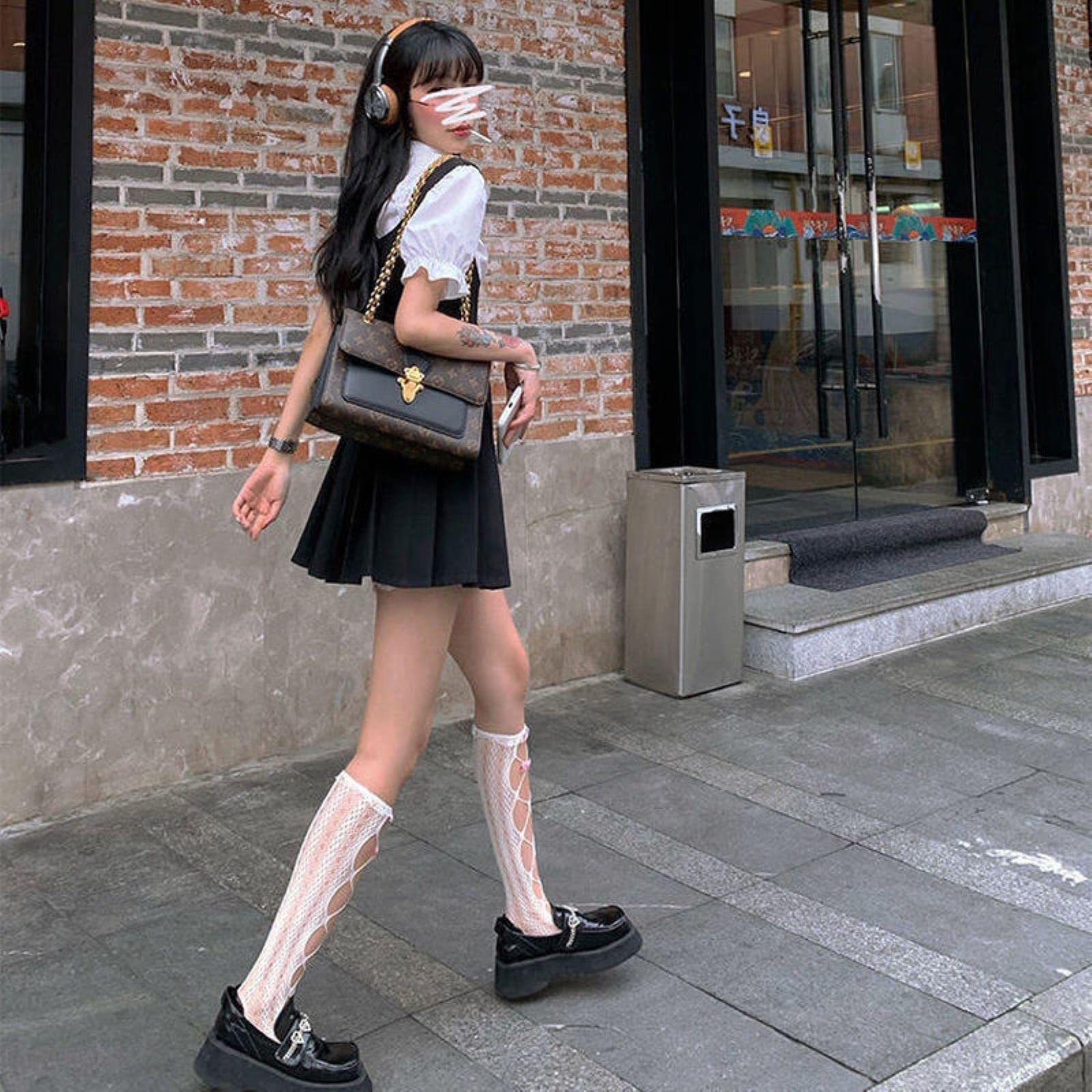 Harajuku Black Preed Robe Femmes Preppy Style Robes Dark Academia Fairy Alternative-Dress Shirt tie,S