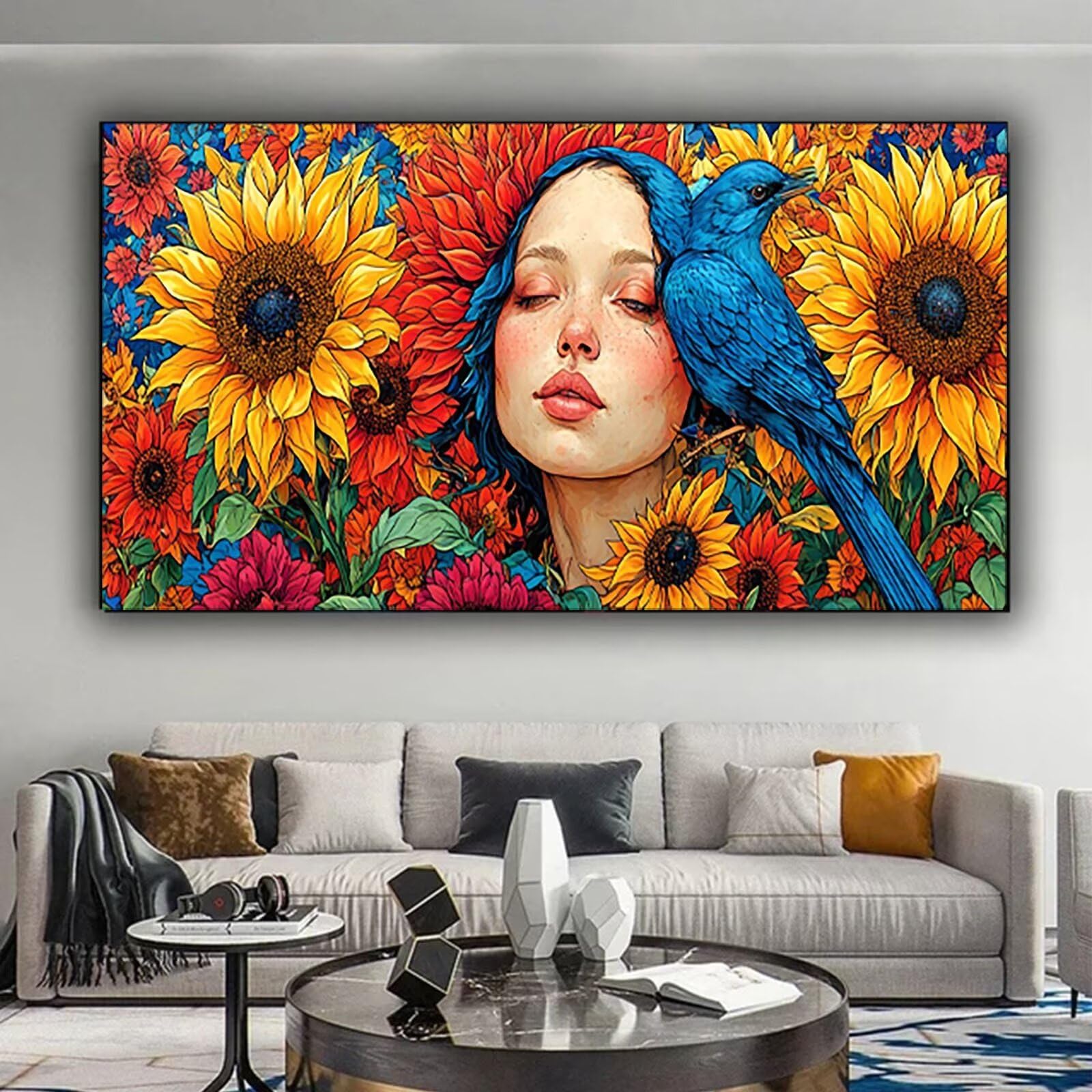 Malen nach Zahlen Kinder Sonnenblume, Malen Nach Zahlen Erwachsene, Geschenke für Mädchen Junge Bastelset, Malen nach Zahlen Vogel | Malen nach Zahlen Ohne Rahmen, (60x120cm) Bastelset Erwachsene L-P