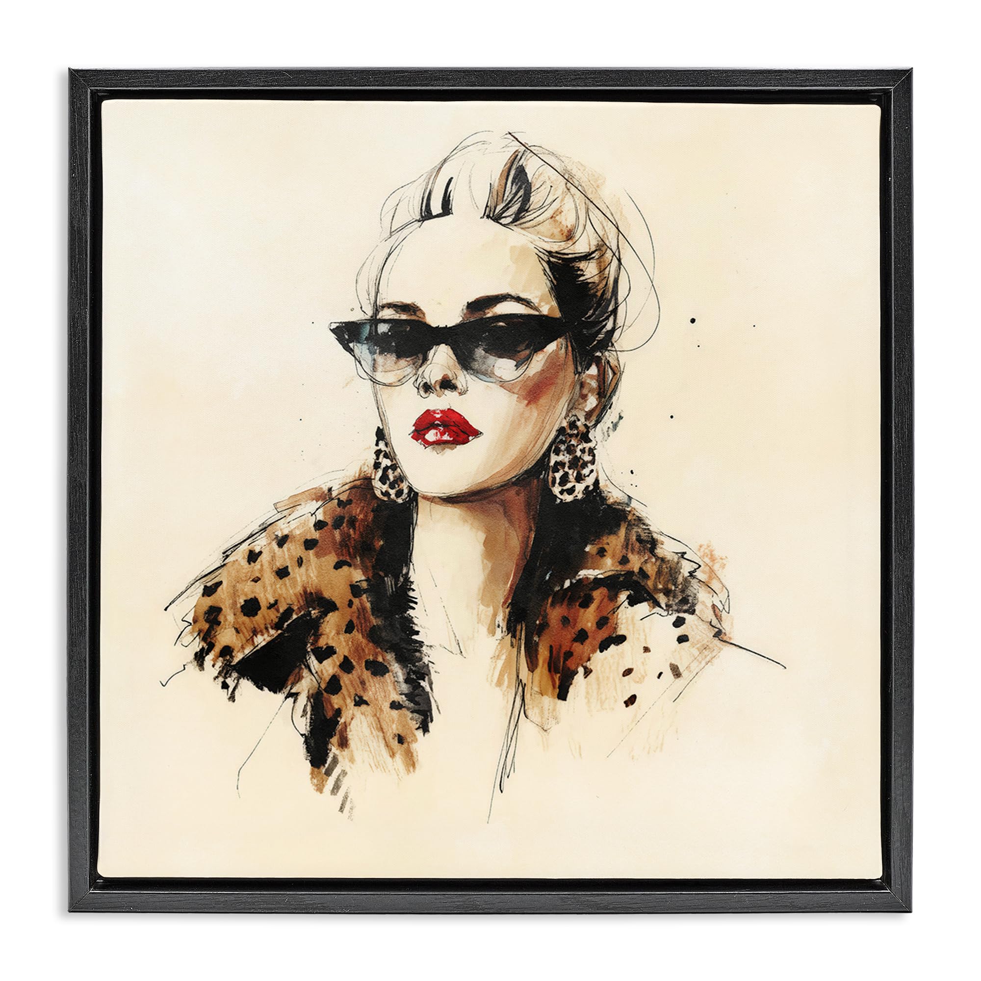 Stupell Industries Leopard Glamour Portrait Woman 'Glam Leopard Sonata Portrait', Floating Frame Canvas Art, Black, 18 X 18 Inches, Easy To Hang And Sturdy, Made In Usa, By Svetlana Aleynikova