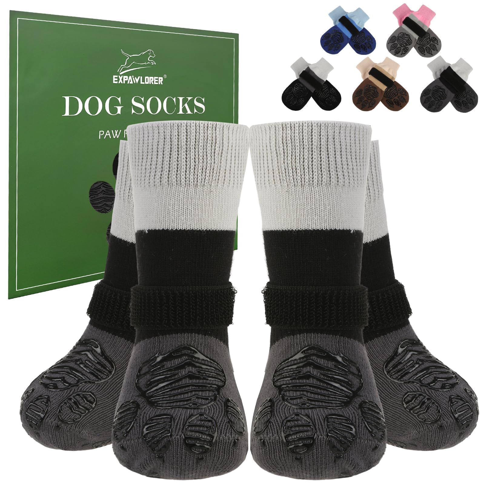 EXPAWLORER 2 Paar Hundesocken Anti-Rutsch doppelseitig zum Leckschutz mit verstellbaren Riemen für den Innenbereich, rutschfeste Hunde Socken Pfotenschutz Hund Verletzung Hundeschuhe, Grau XL