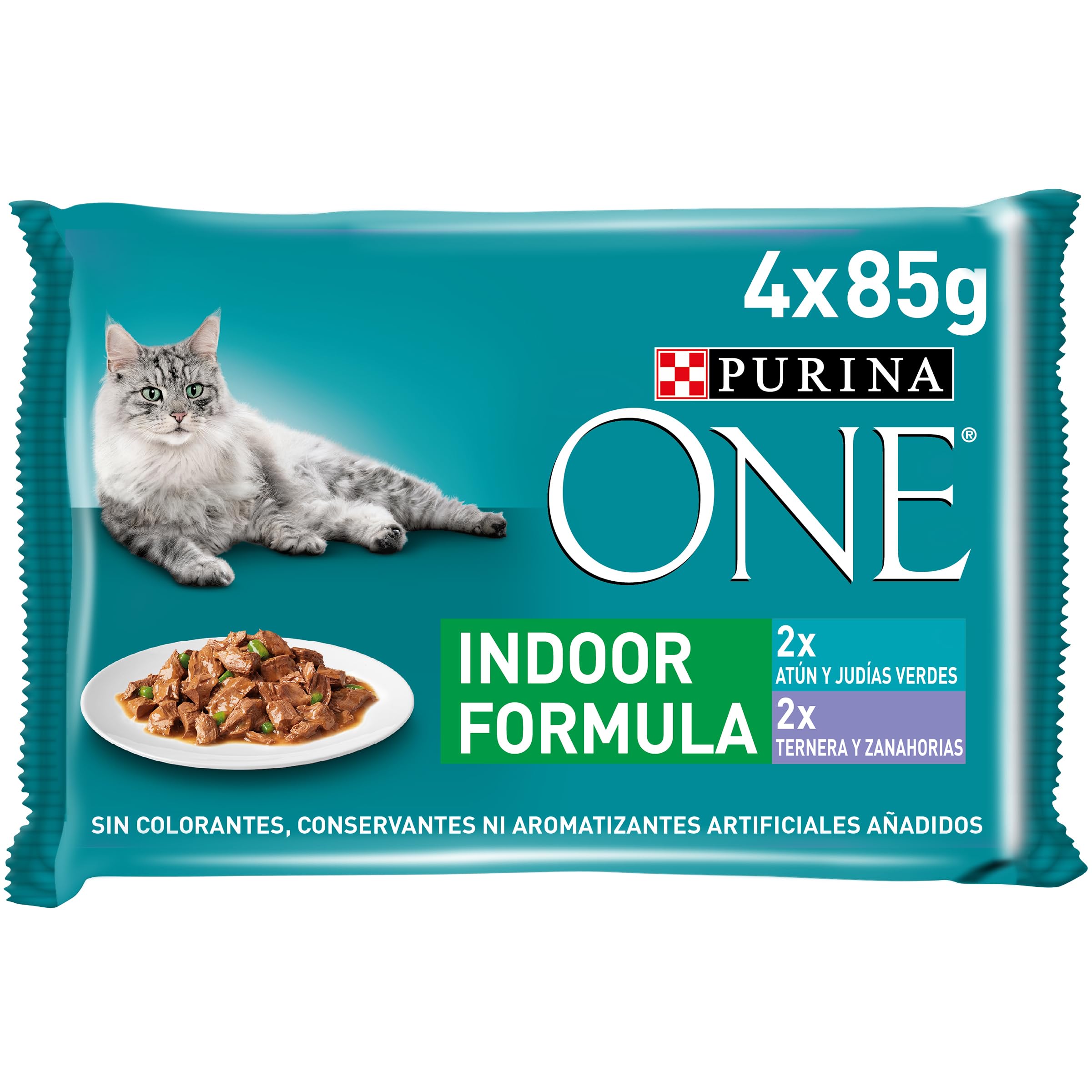 PURINA ONE Bifensis Comida Húmeda para Gato de interior con Atún y Ternera, 4 sobres de 85g