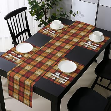 Ambesonne Fall Table Runner, Placemats, Autumnal Vibe with Plaided Checked Pattern with Reflexion Stains Like Print, Set for Dining Table Decor, Placemat 4 pcs + Runner 16"x72", Paprika Orange Rust