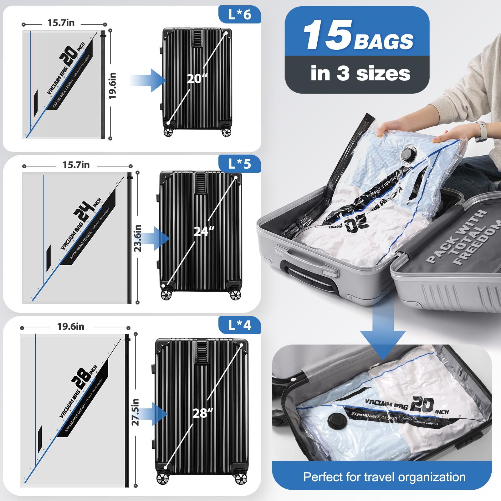 15 bolsas de sellado al vacío para ropa de viaje con bomba eléctrica recargable, bolsas de almacenamiento reutilizables para ahorrar espacio, bolsas de almacenamiento al vacío para ropa, equipaje de