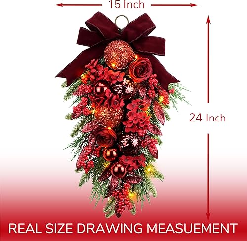Miniatura 4 de YULETIME Botín de lágrima decorativo preiluminado de 24 pulgadas, funciona con pilas, guirnalda artificial de Navidad con luces de hadas, lazo rojo