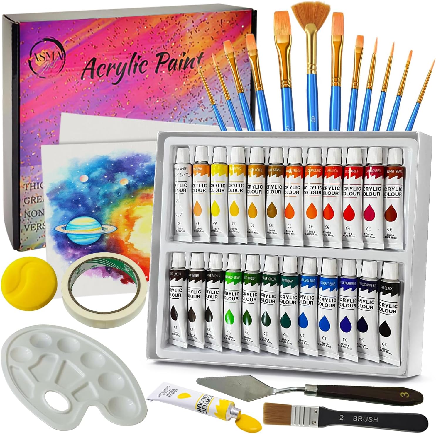 Asma Art Acrylic paint set 43 Pcs – canvas painting - 12 paint brush - & crafts supplies