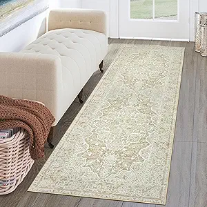 KUTA Runners for Hallways 2x6 Beige Yellow, Vintage Floral Kitchen Rugs Non-Slip Washable Runner Ultra Soft Printed Retro Distressed Entryway Carpet for Bedroom Laundry Nursery